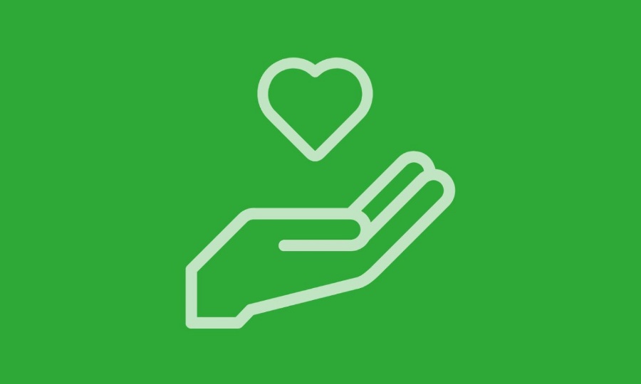 White vector illustration of a hand with a heart above it on a green background